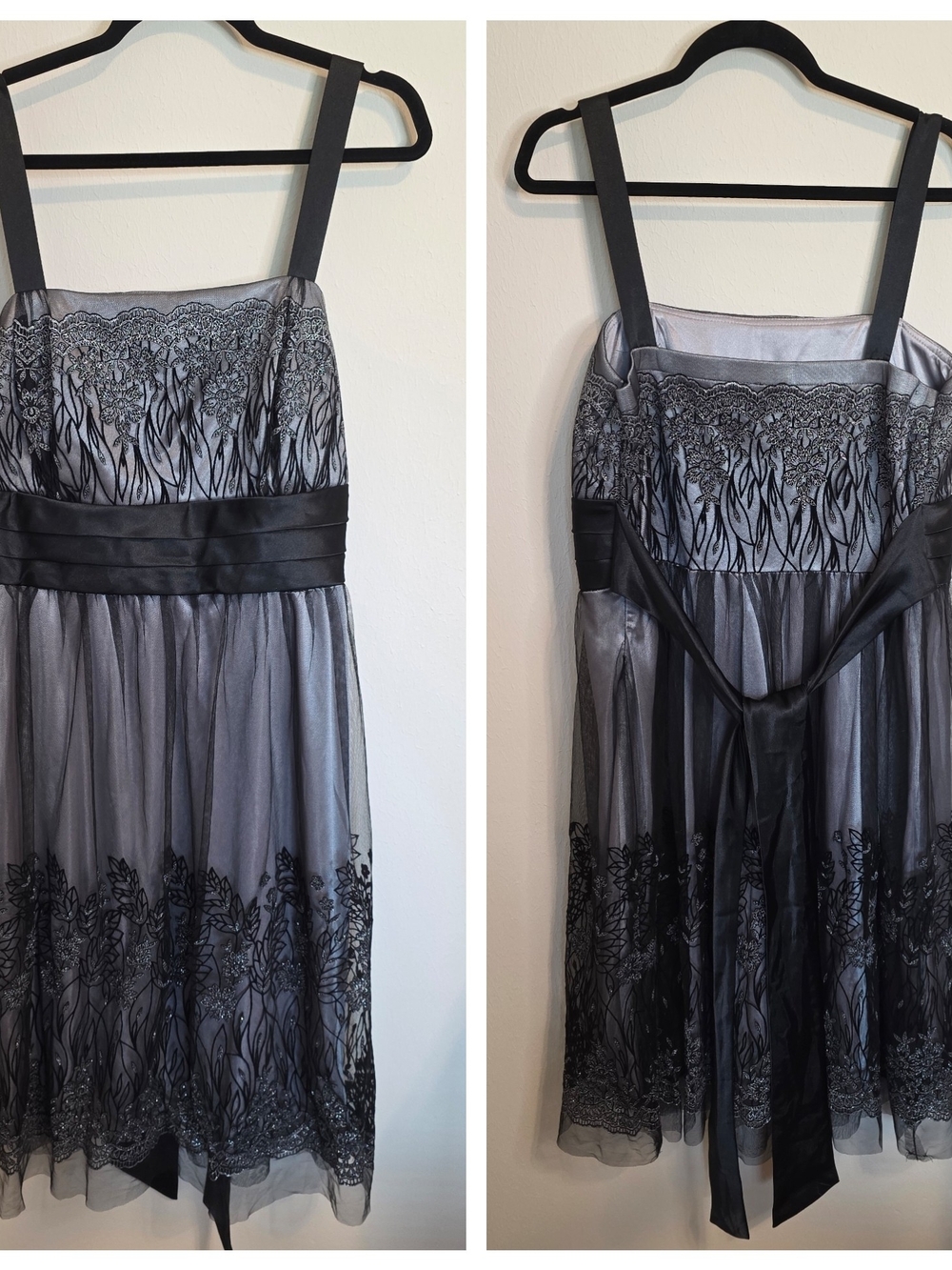 R&M Richards Silver and Black Evening Dress with Lace Accents